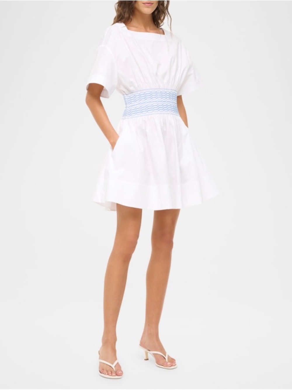 ISO: STAUD Amy White Mini Dress with Light Blue Smocked Waist